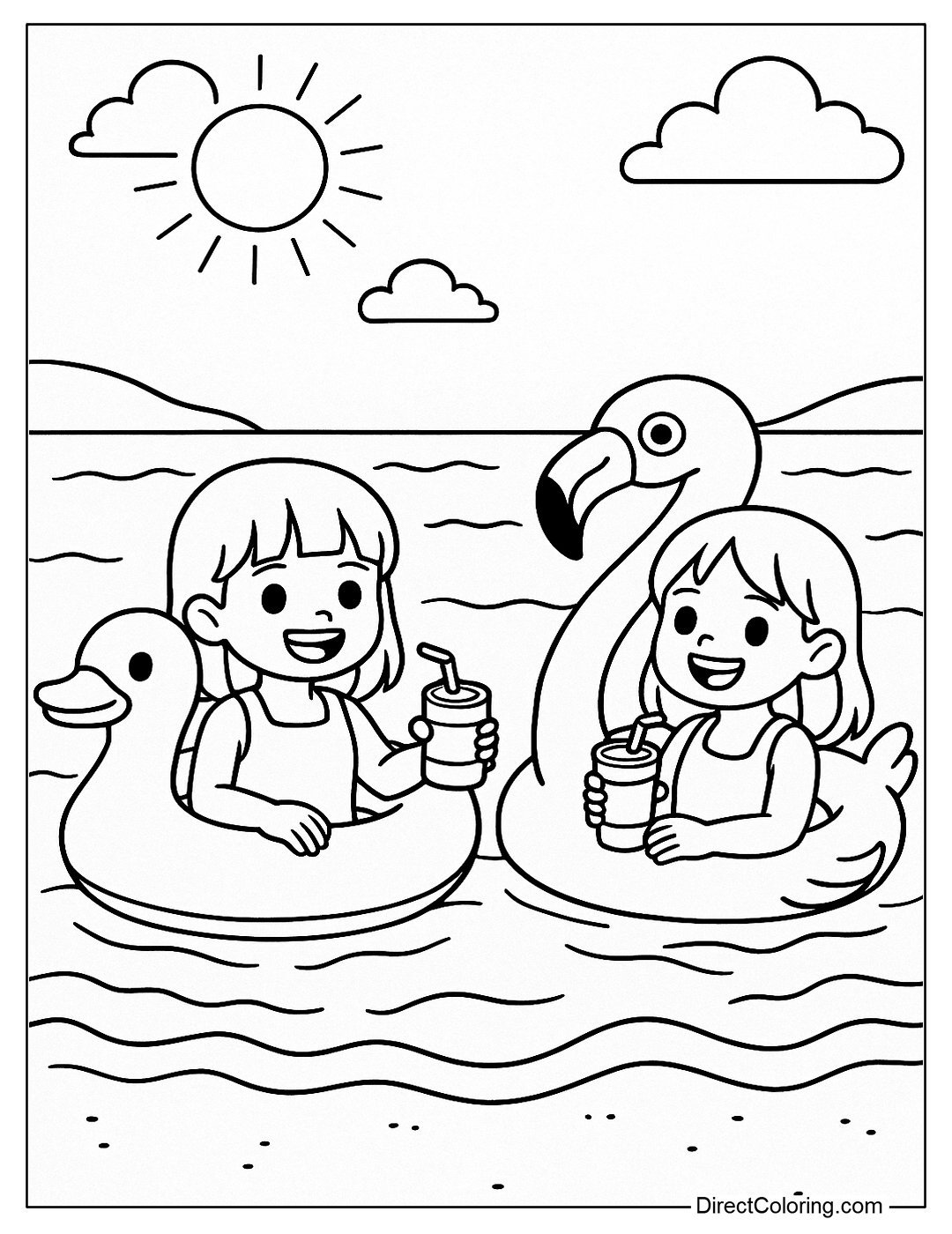 a beach coloring page with two girls sitting in animal floats, smiling happily, holding soda